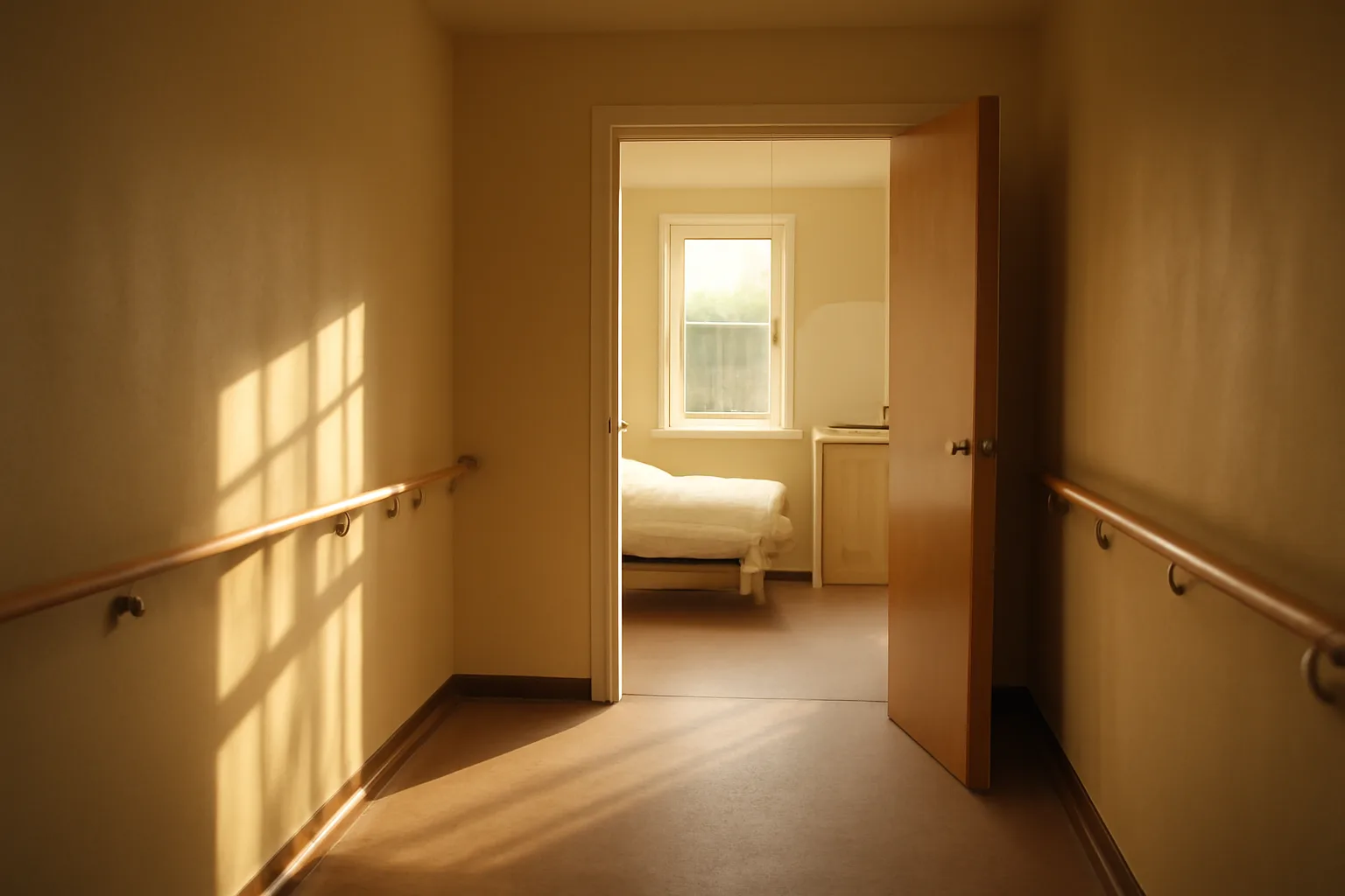 Sunlit hallway with handrails inside an Illinois assisted living residence