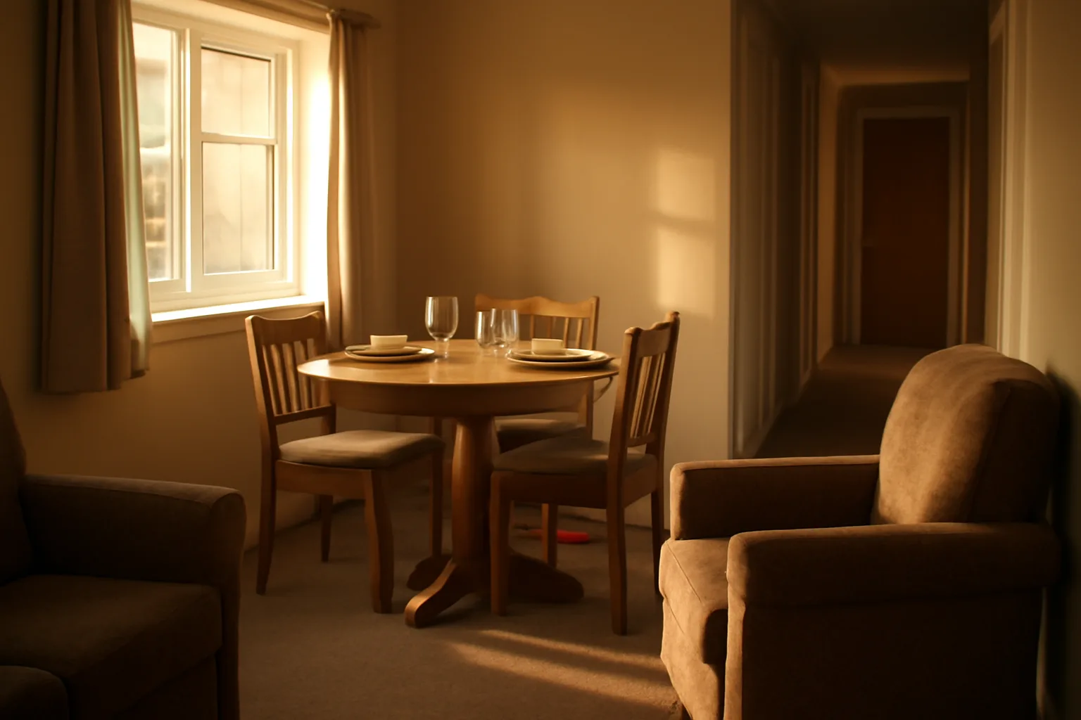 Sunlit common room in a licensed Illinois assisted living residence with armchairs and hallway