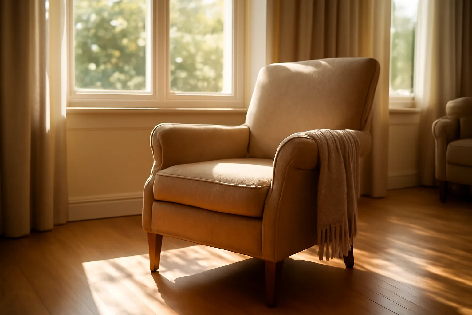 Sunlit common room armchair representing an Illinois assisted living facility interior