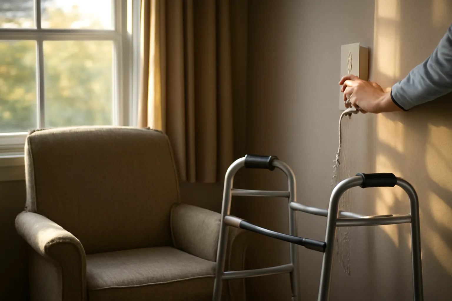 Common room in an Illinois assisted living facility with afternoon light and a walker beside a chair