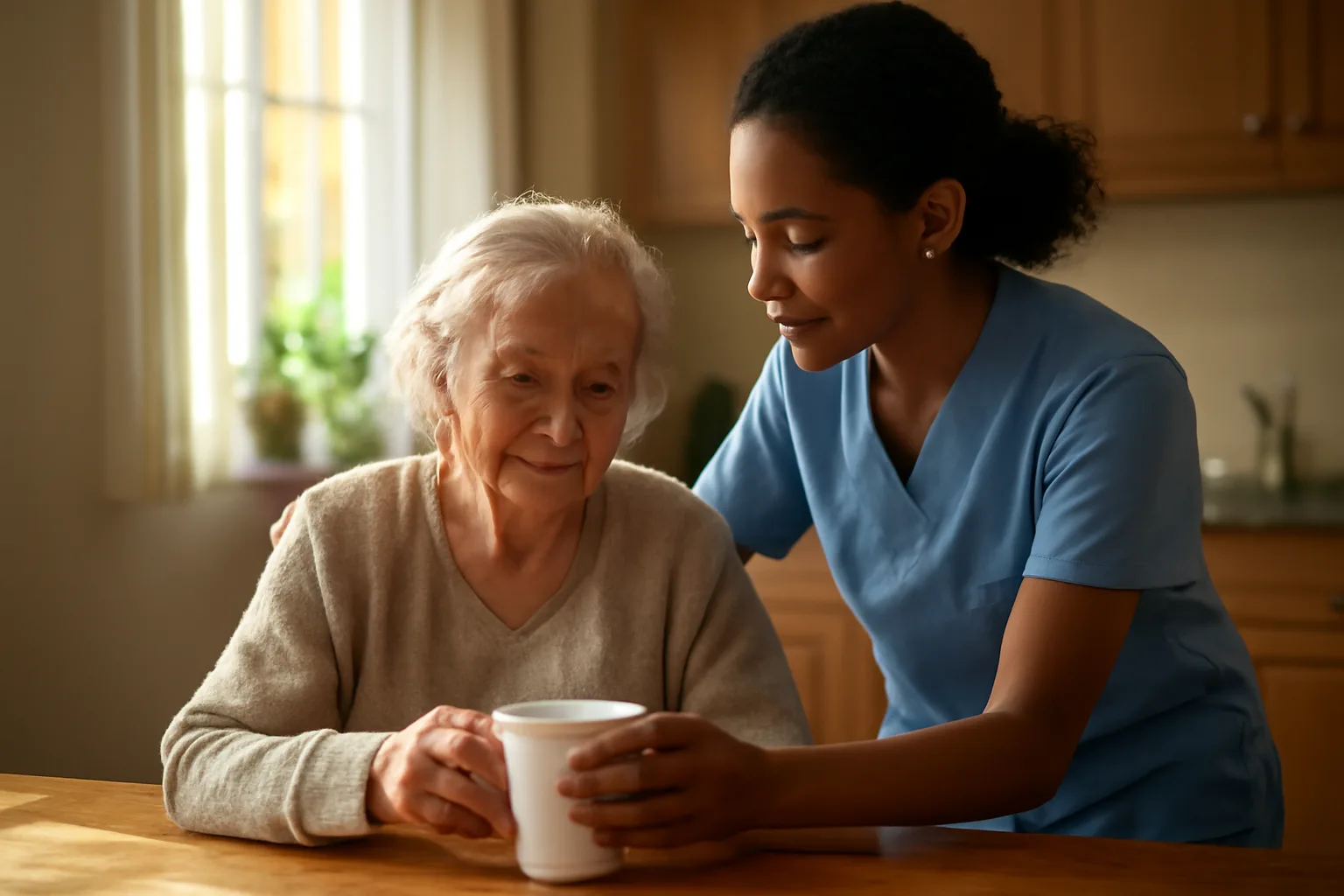 Caregiver assisting an older woman in a home kitchen, illustrating in home assisted living