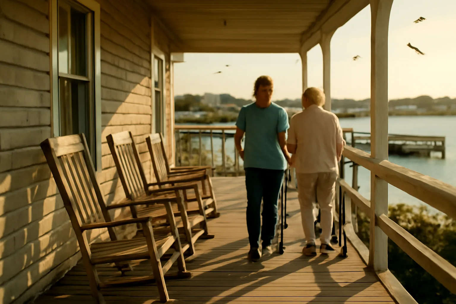 Caregiver assisting a resident along a porch ramp at a coastal island assisted living home
