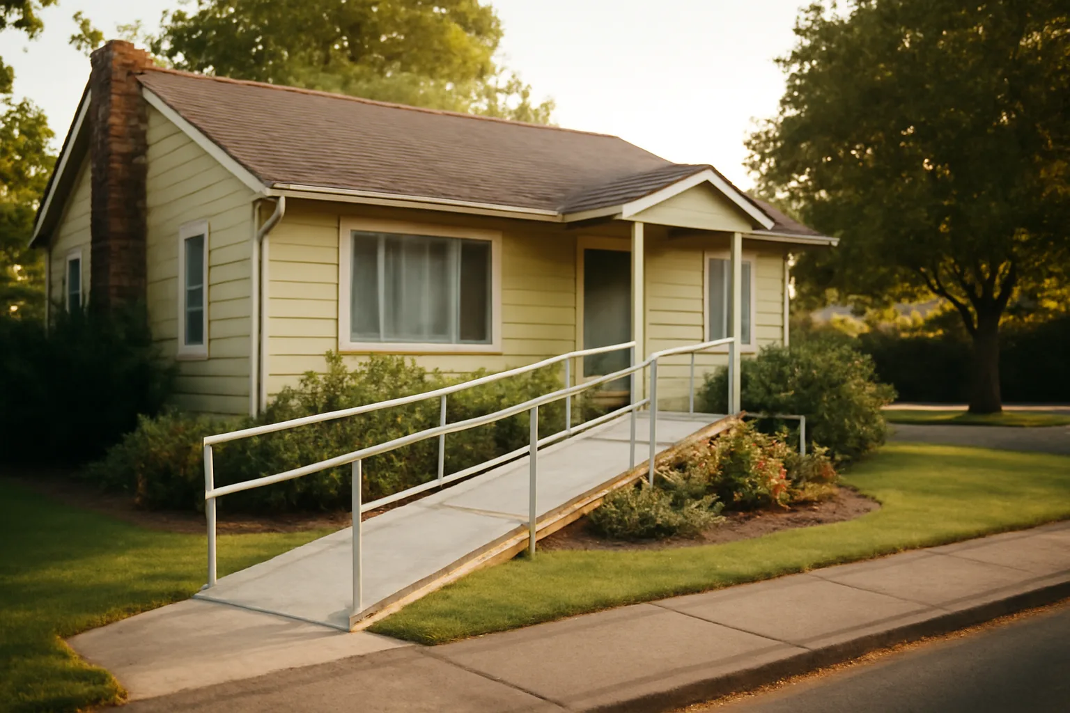 Single-story residential care home with wheelchair ramp in warm afternoon light