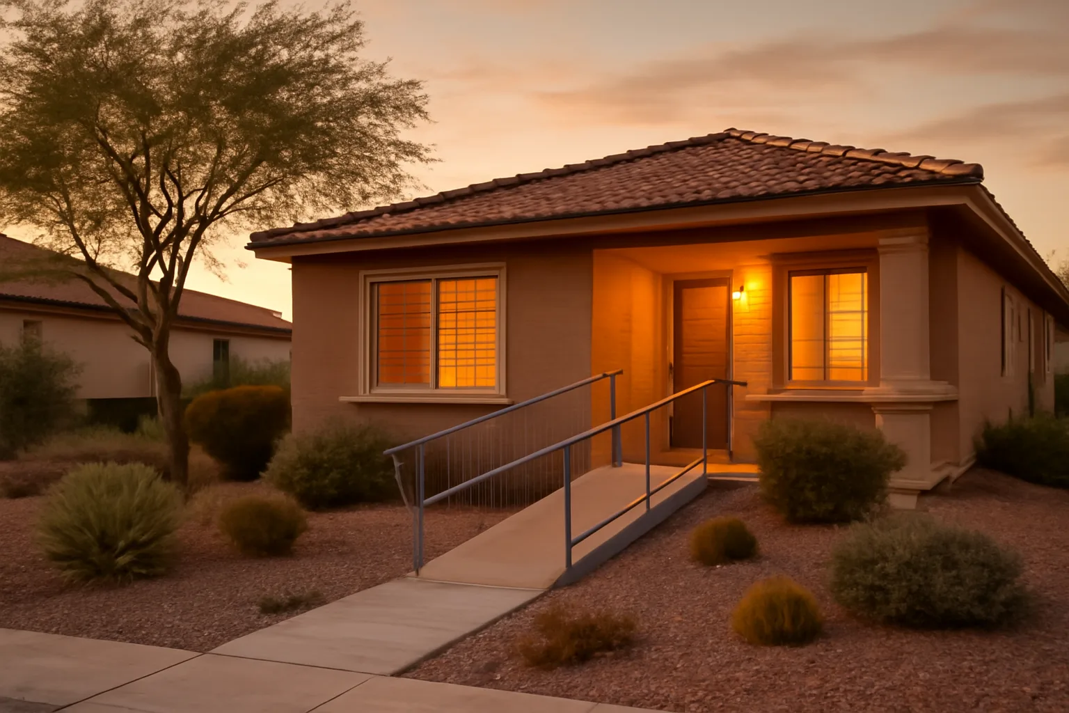 Single-story Las Vegas home with desert landscaping and a wheelchair ramp at dusk