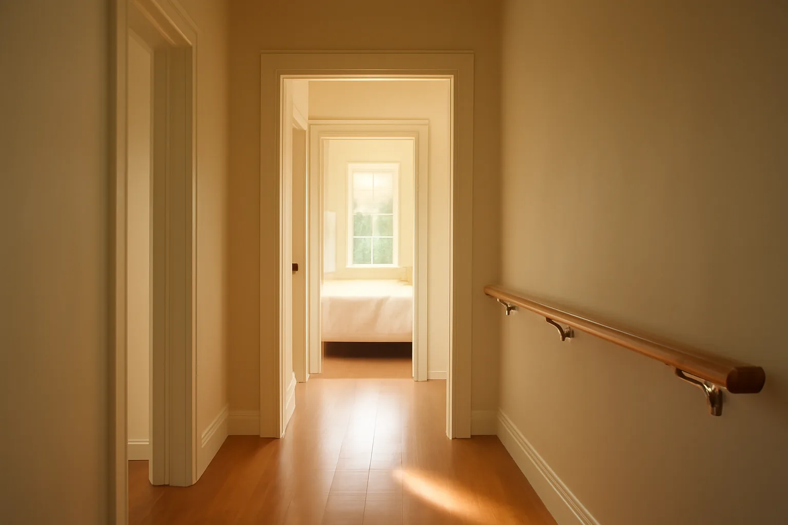 Bright hallway inside a licensed assisted living home with handrails and open bedroom door