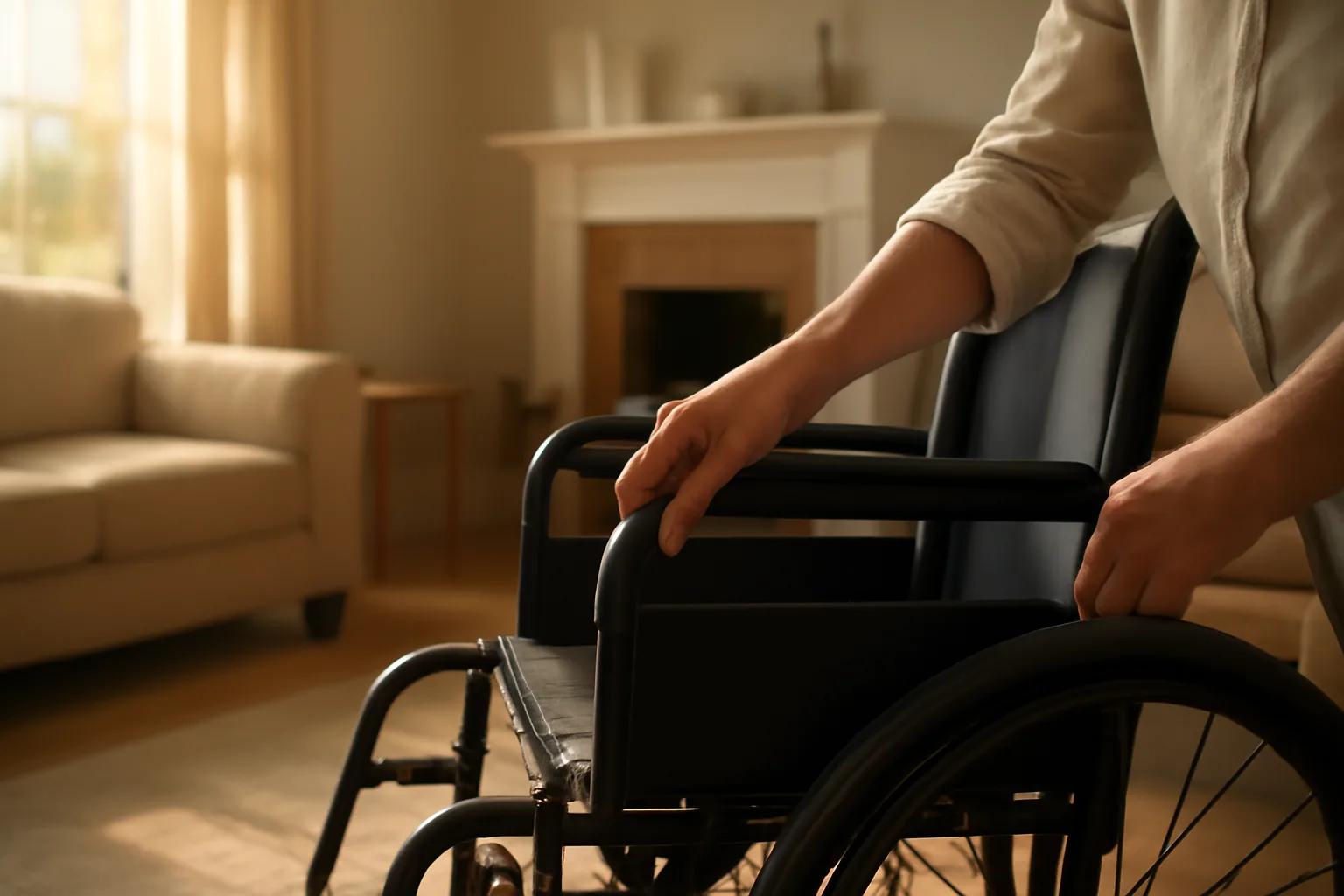 Caregiver assisting a resident in a licensed group home living room