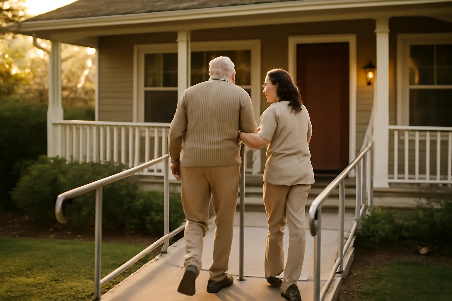 Caregiver walking with an older adult toward a residential group home entrance