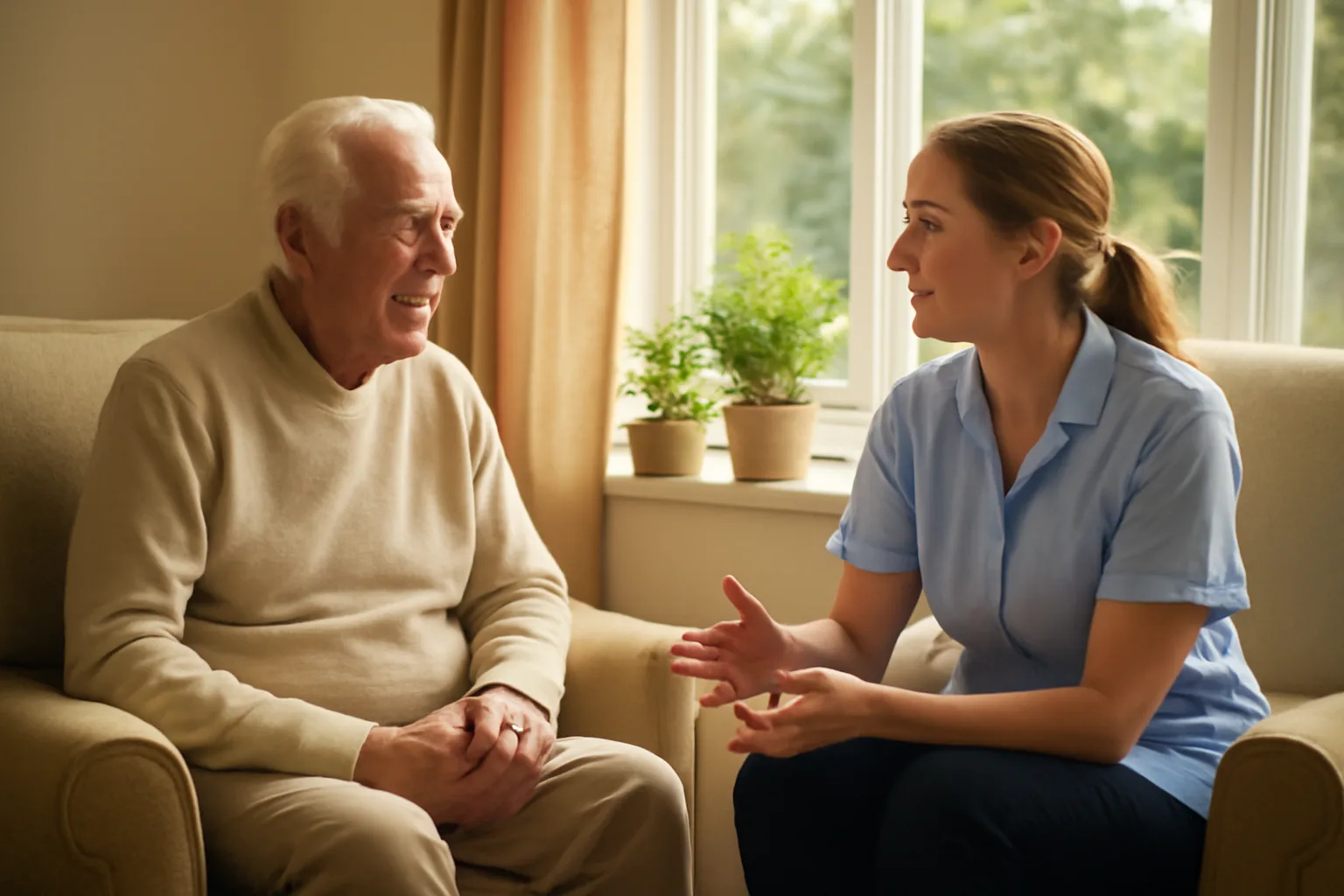 Caregiver and older resident talking in a sunlit assisted living facility living room