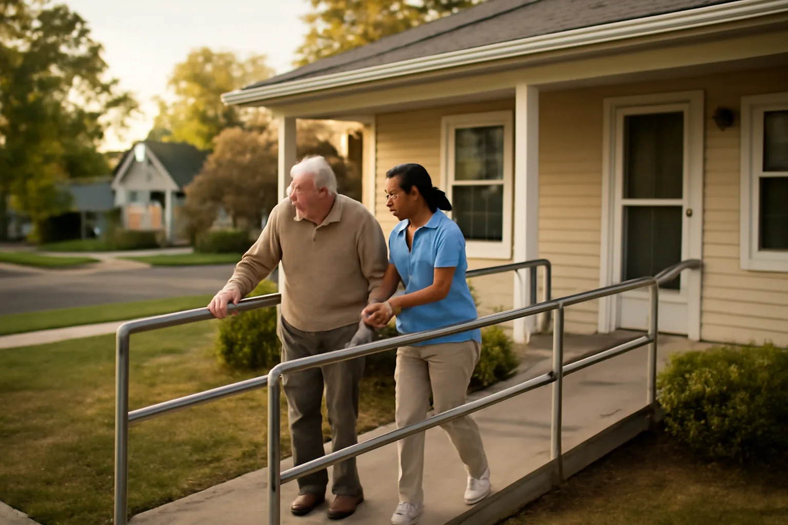Caregiver assisting a resident down a ramp outside a licensed assisted living group home