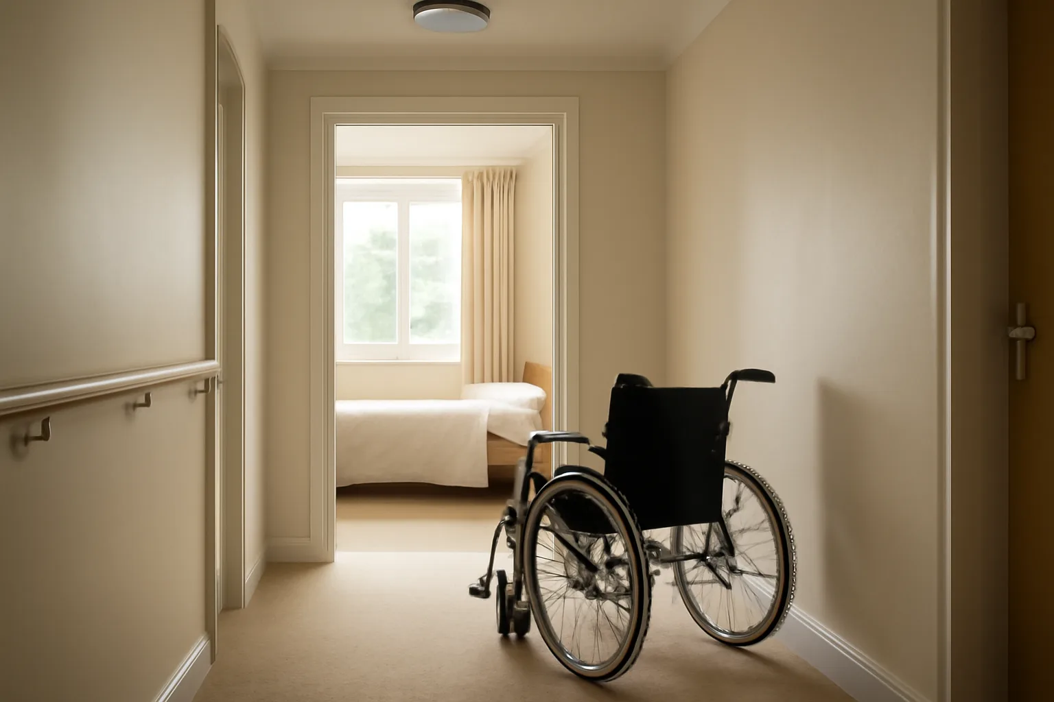Bright hallway in a licensed assisted living facility with an open bedroom door
