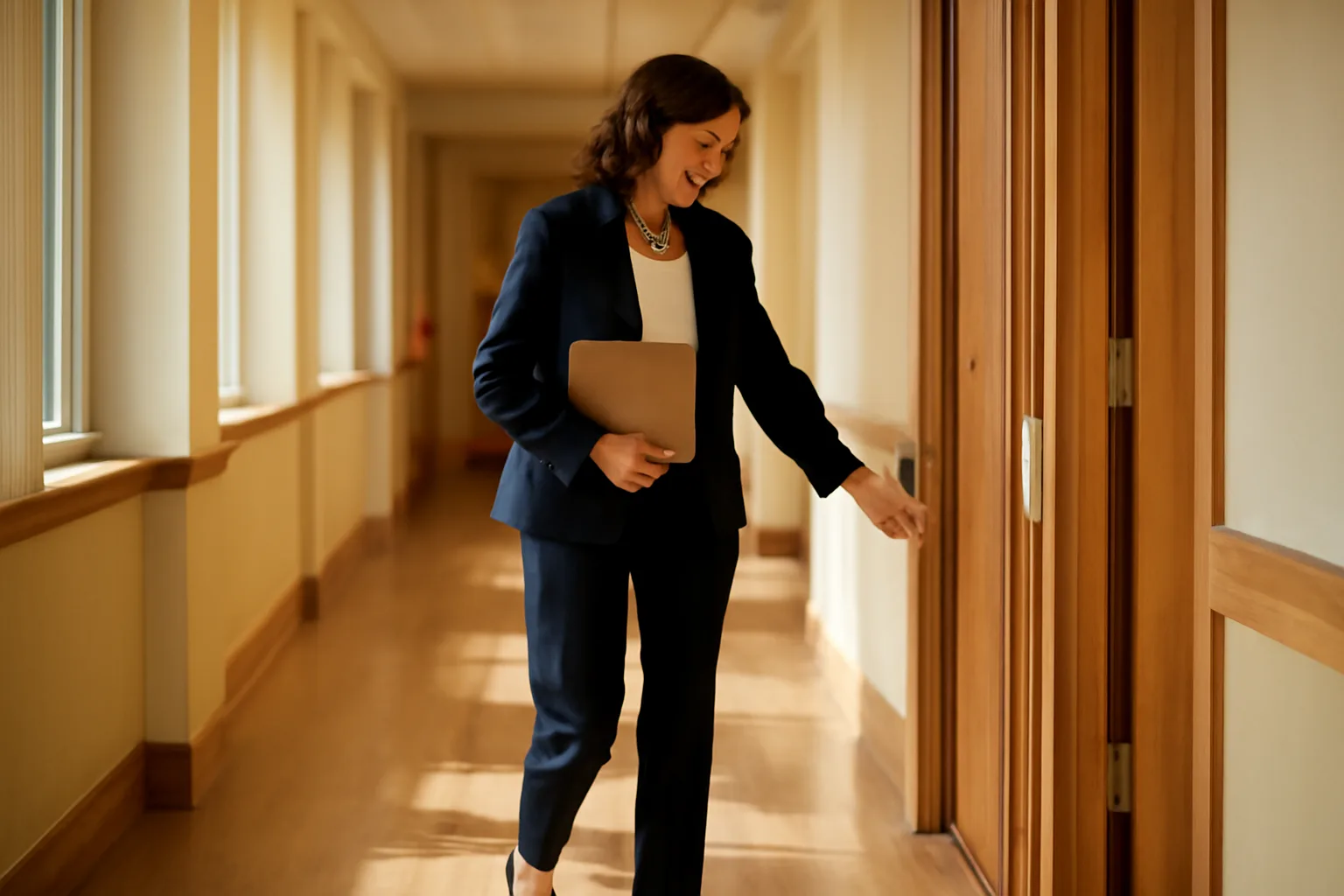 Licensed assisted living director inspecting a hallway in a senior residential facility