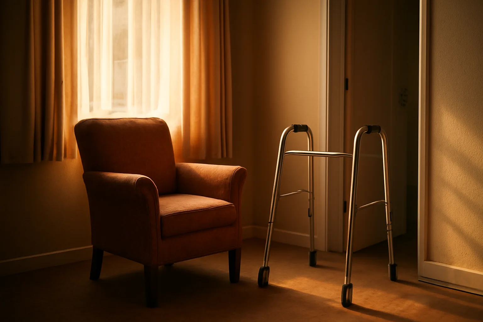 Sunlit living room in a licensed assisted living facility in California with an empty armchair and walker