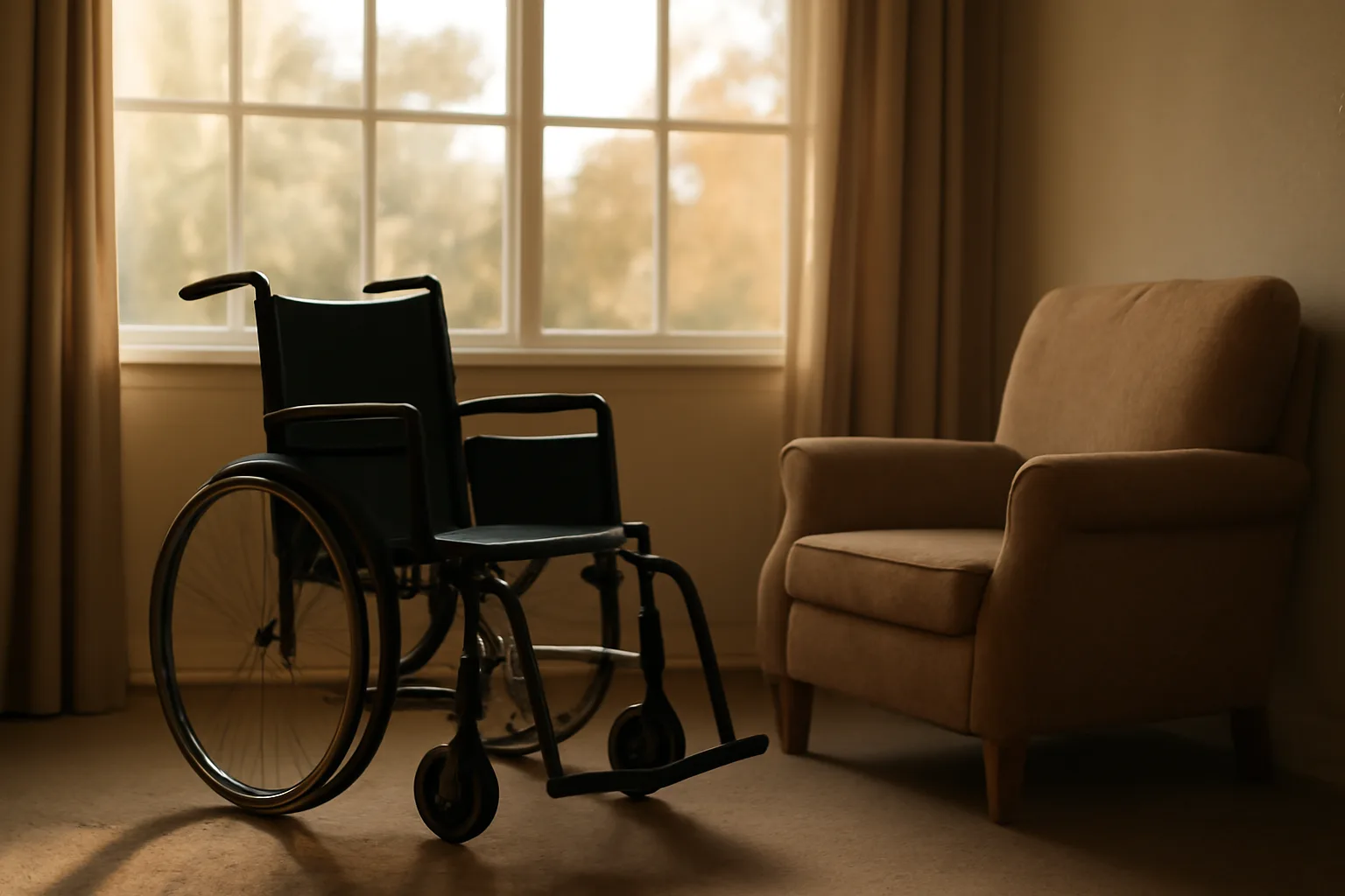 Sunlit common room in a licensed assisted living facility with an empty armchair and wheelchair