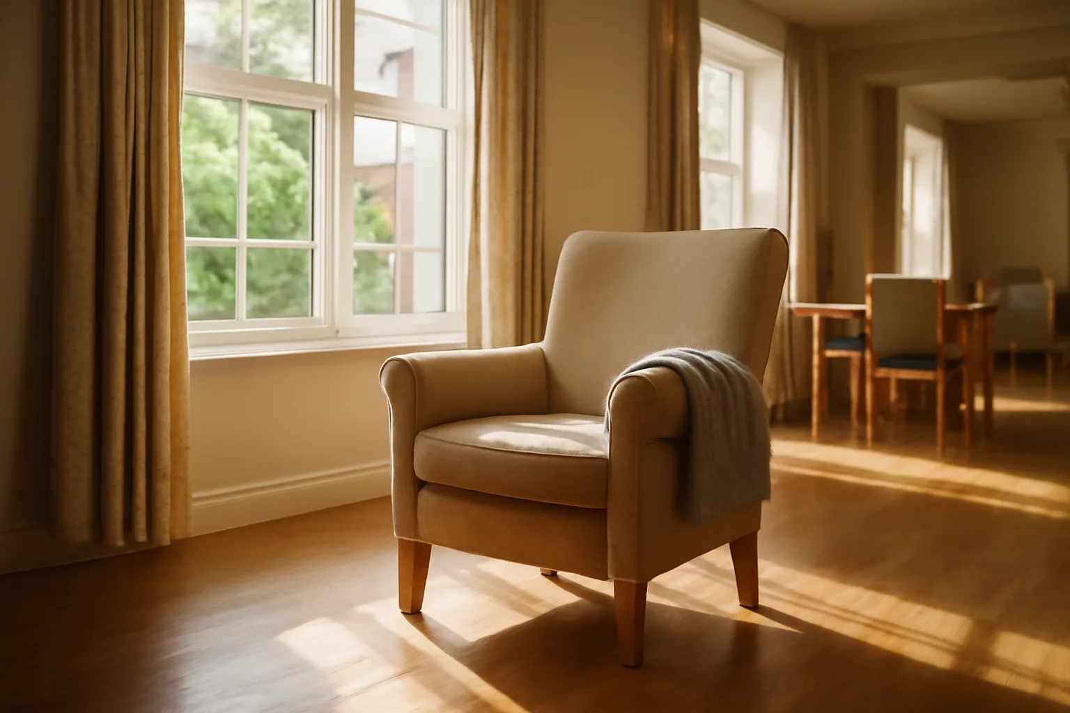 Sunlit common room in a licensed assisted living facility with empty armchair by window
