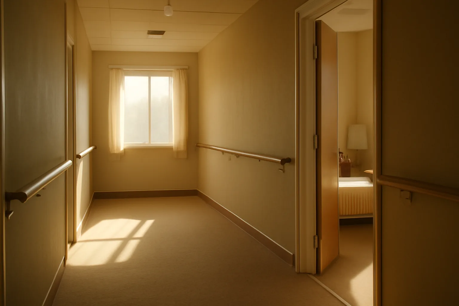 Hallway inside a licensed assisted living facility with handrails and morning light