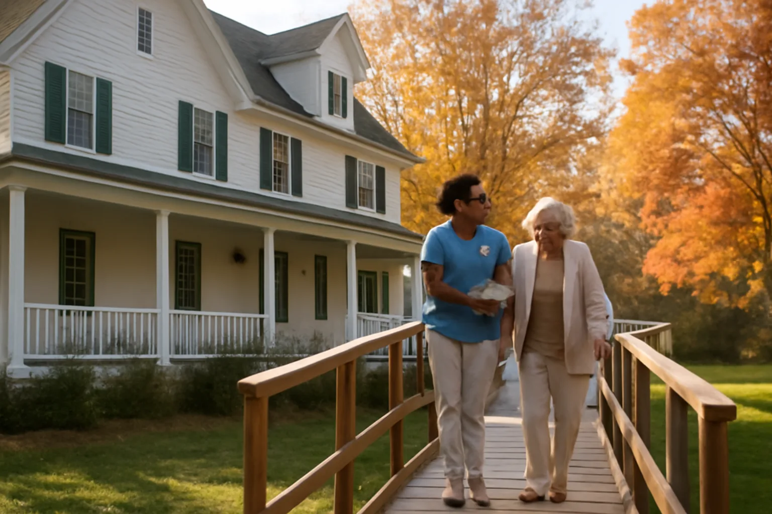 Caregiver assisting older adult outside a licensed assisted living facility house in New Hampshire