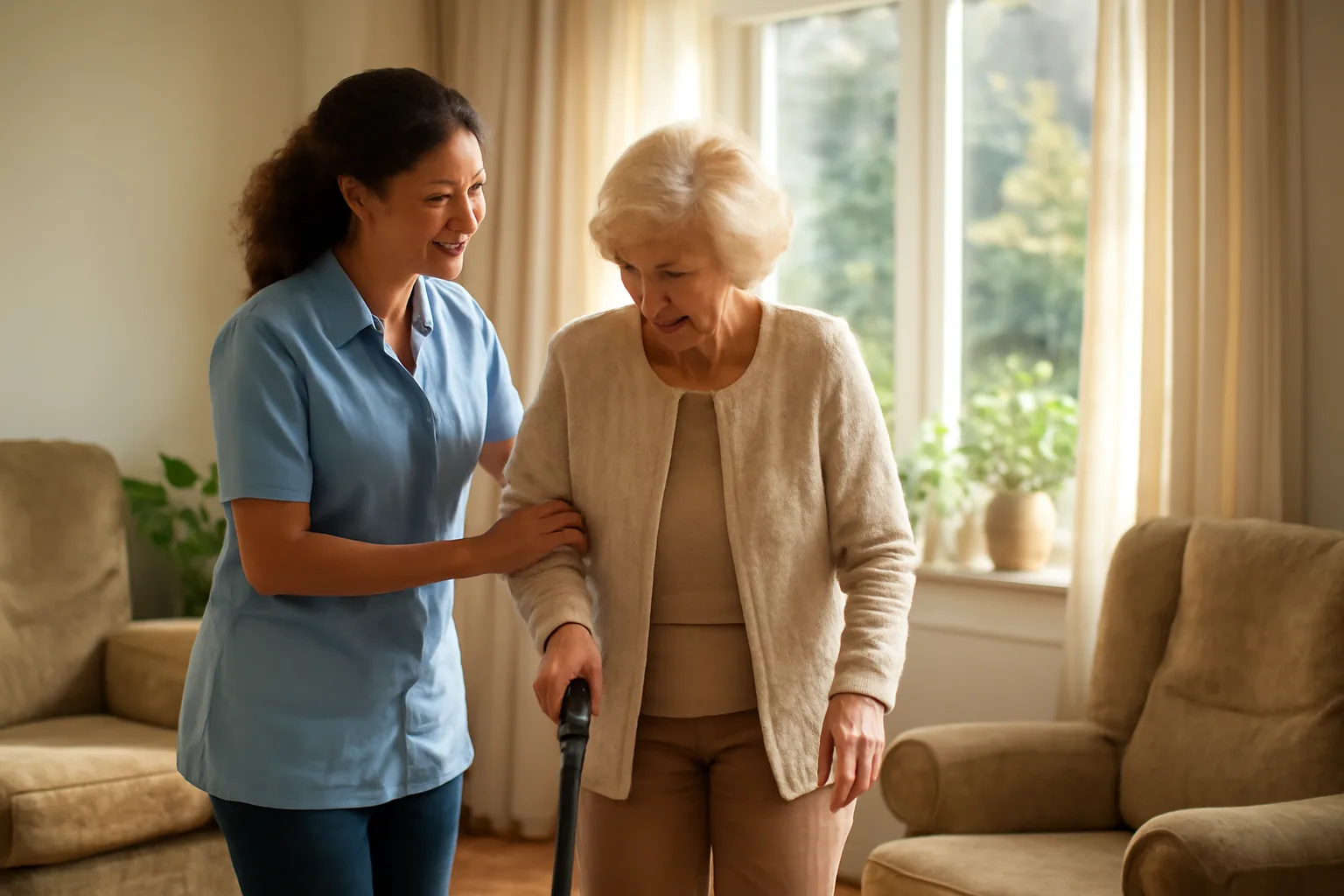 Caregiver assisting an older resident walking in a licensed assisted living home living room