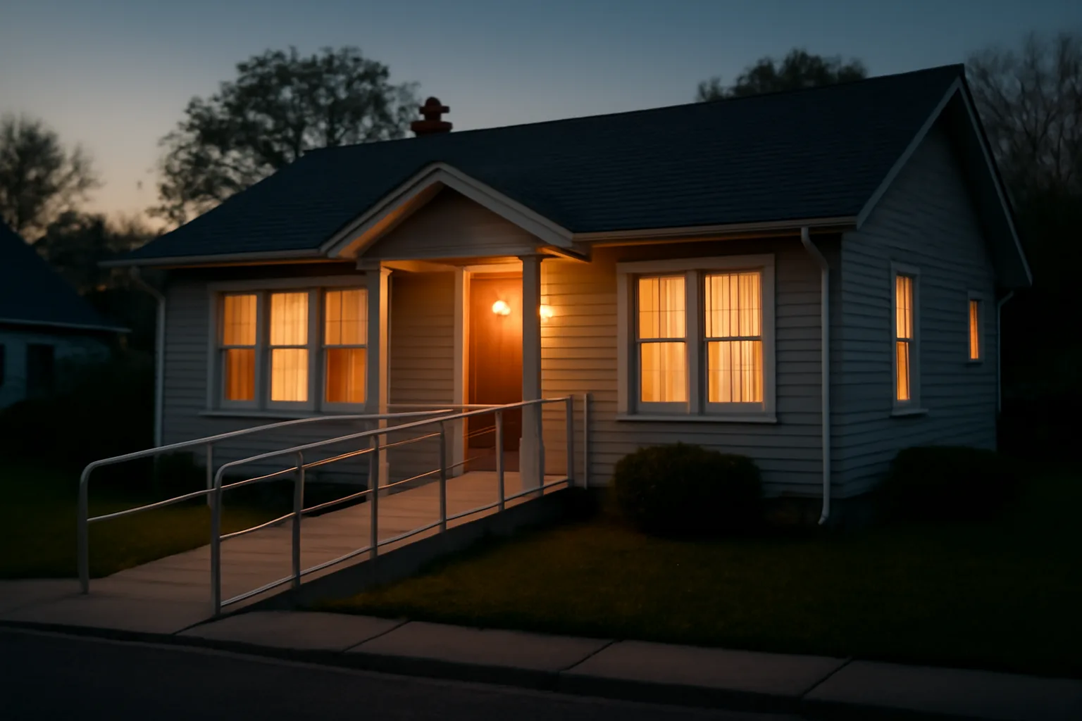 Licensed group home exterior with wheelchair ramp and porch light at dusk