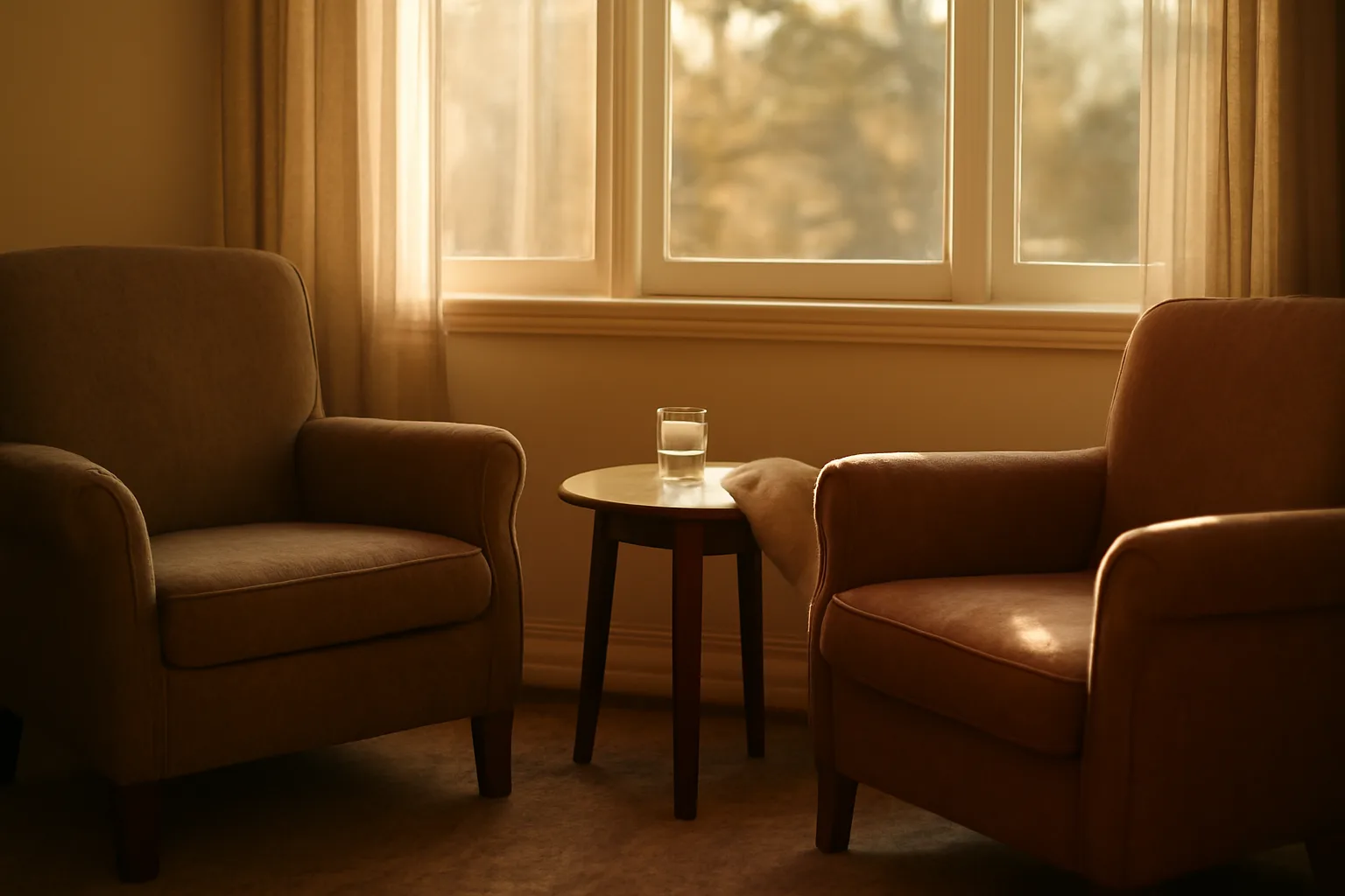 Quiet residential living room representing a licensed group home for mental illness