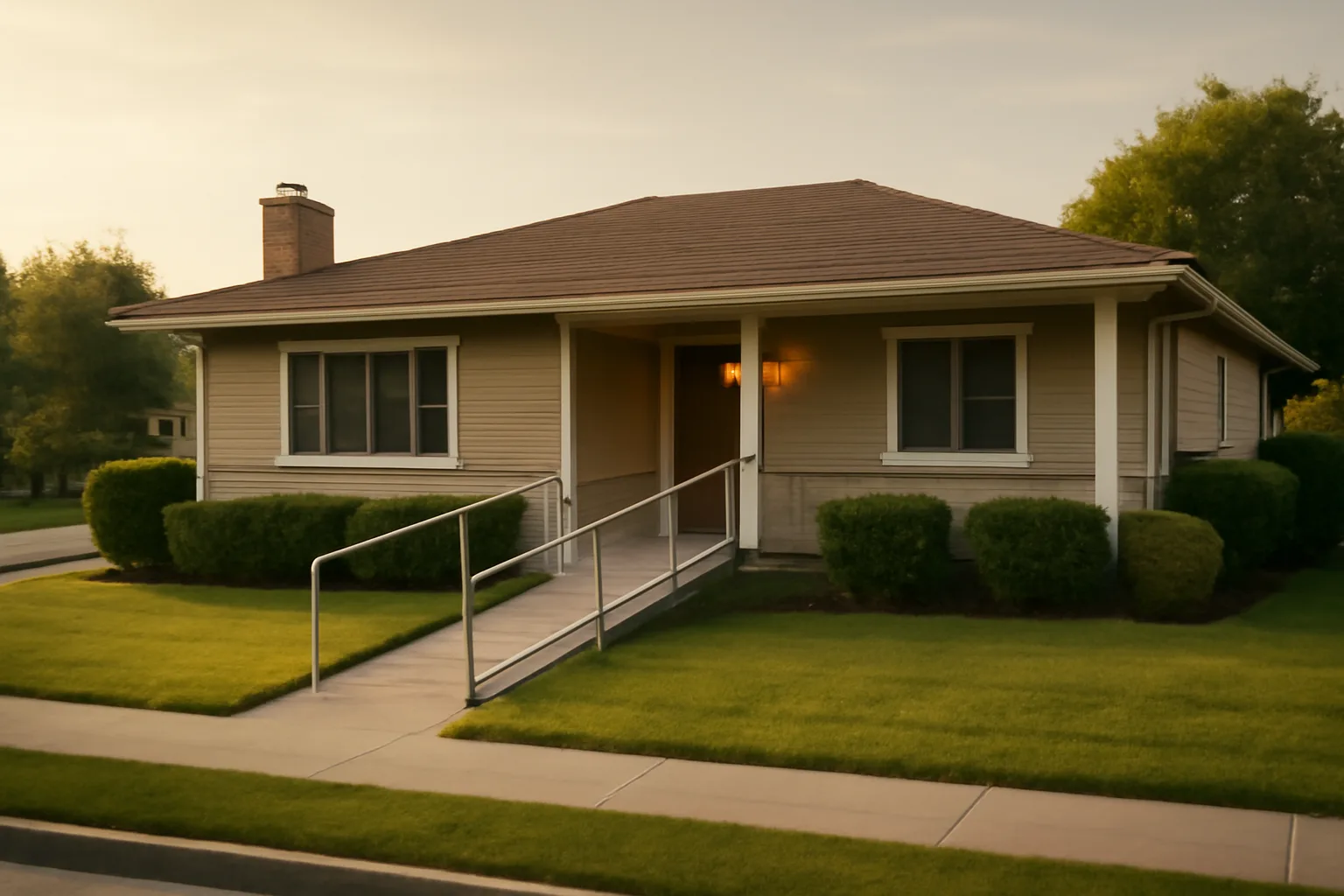 Exterior of a licensed group home style residential house at dusk in Tennessee