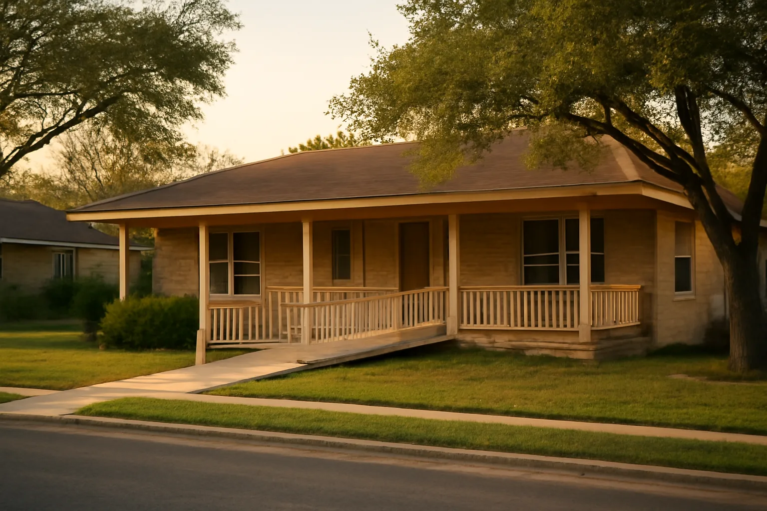 Ranch-style Texas house with a wheelchair ramp, representing licensed group homes in Texas