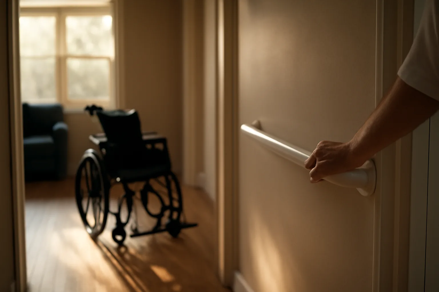 Hallway inside a licensed group home with accessible grab bars and warm afternoon light