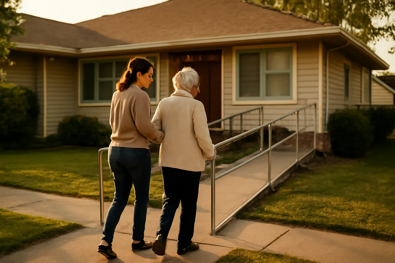 Caregiver and resident walking toward a licensed group home entrance at dusk