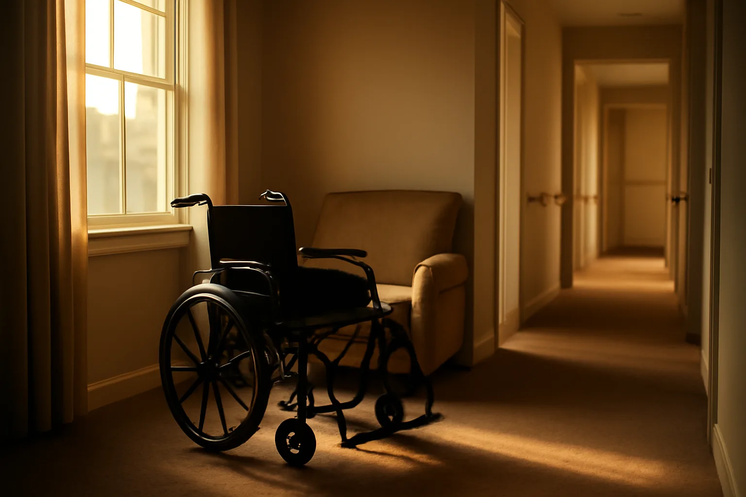 Sunlit living room with handrails and wheelchair in a California assisted living home