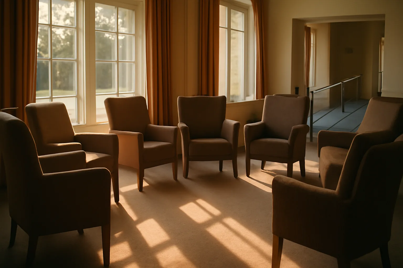 Sunlit common room in a licensed assisted living residential care home