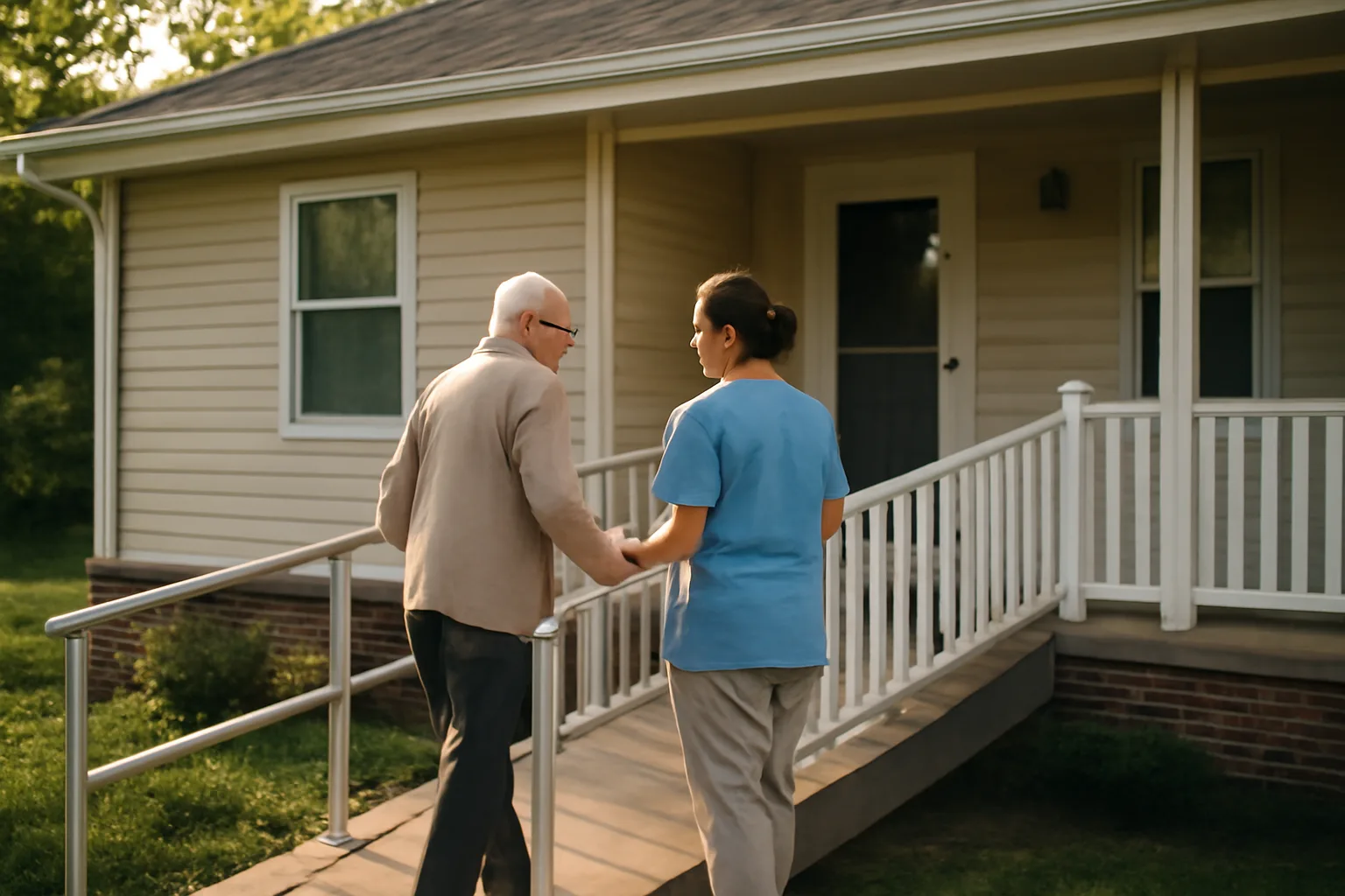 Residential house with wheelchair ramp representing a licensed group home setting