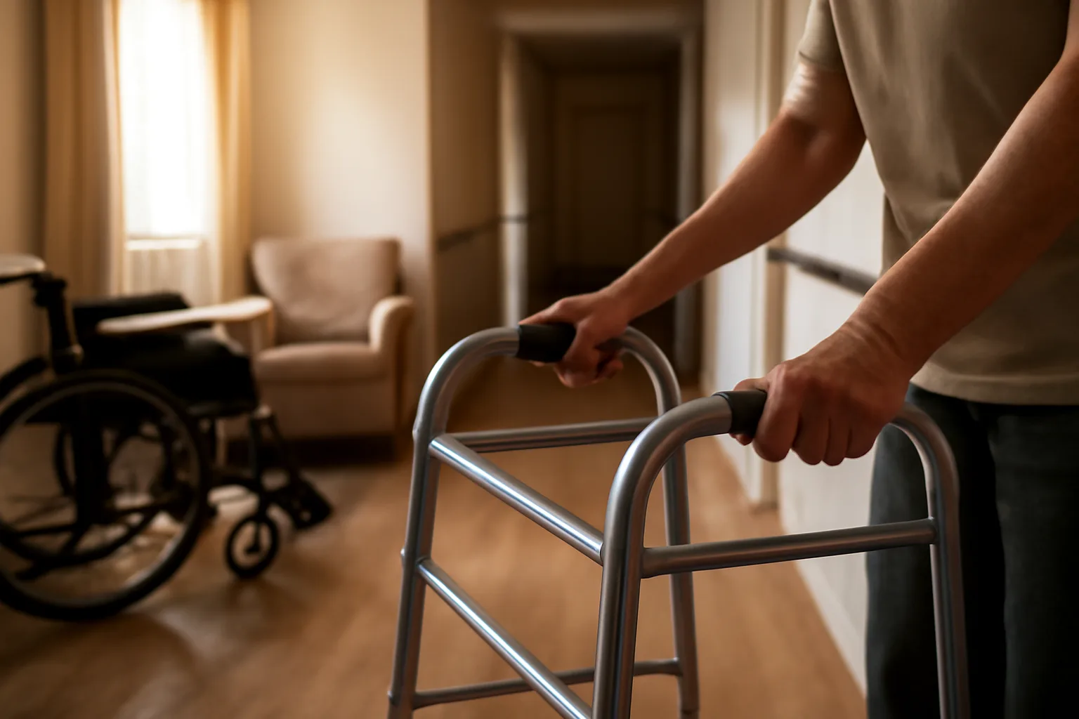 Hallway with grab bars in a licensed RCFE residential care home
