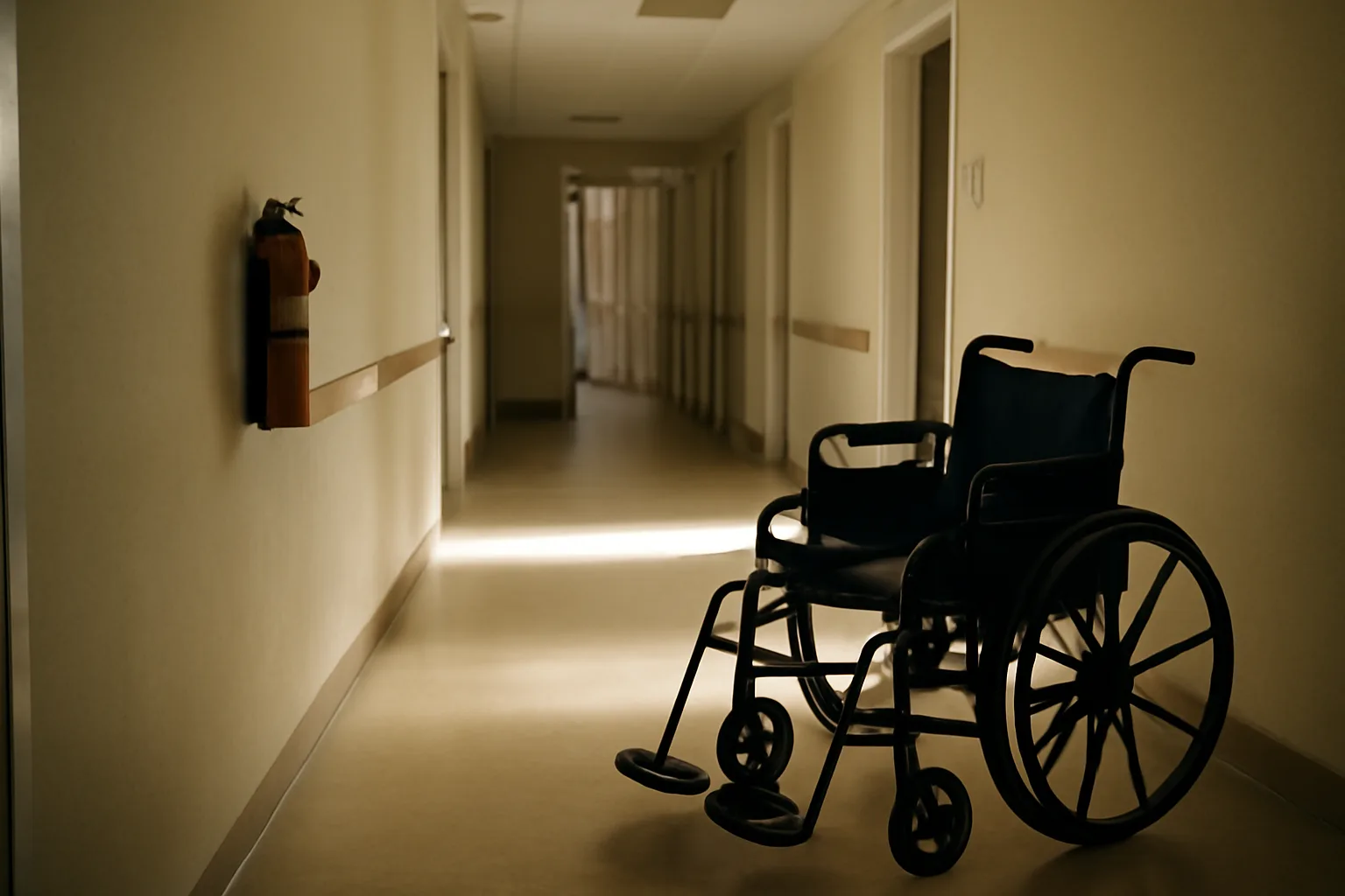 Hallway inside a licensed residential group home showing accessibility features and fire safety equipment