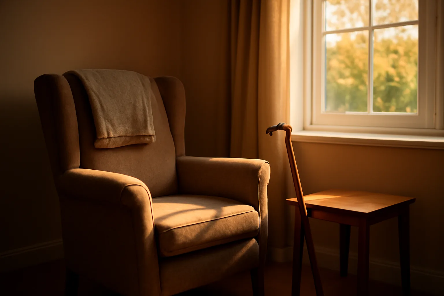 Sunlit living room in a Lincoln residential assisted living home with empty armchair and cane
