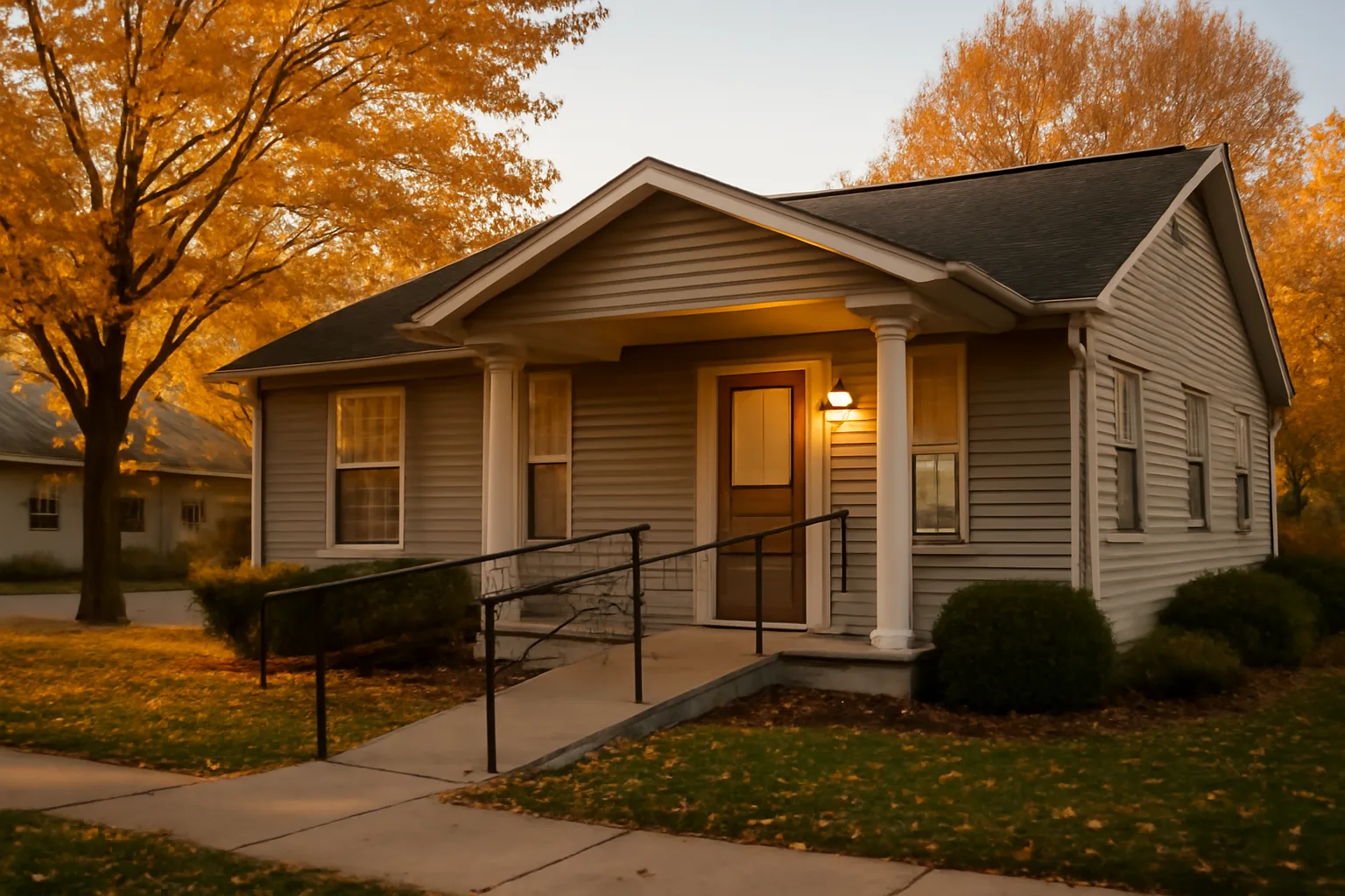 Small licensed group home exterior in a Michigan residential neighborhood at dusk