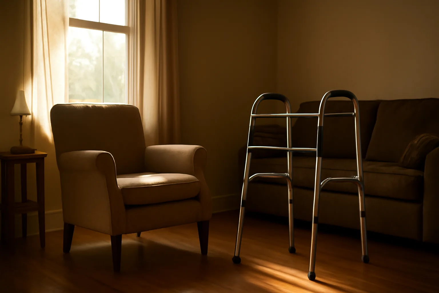 Sunlit living room in a Texas residential care home with an empty chair and walker