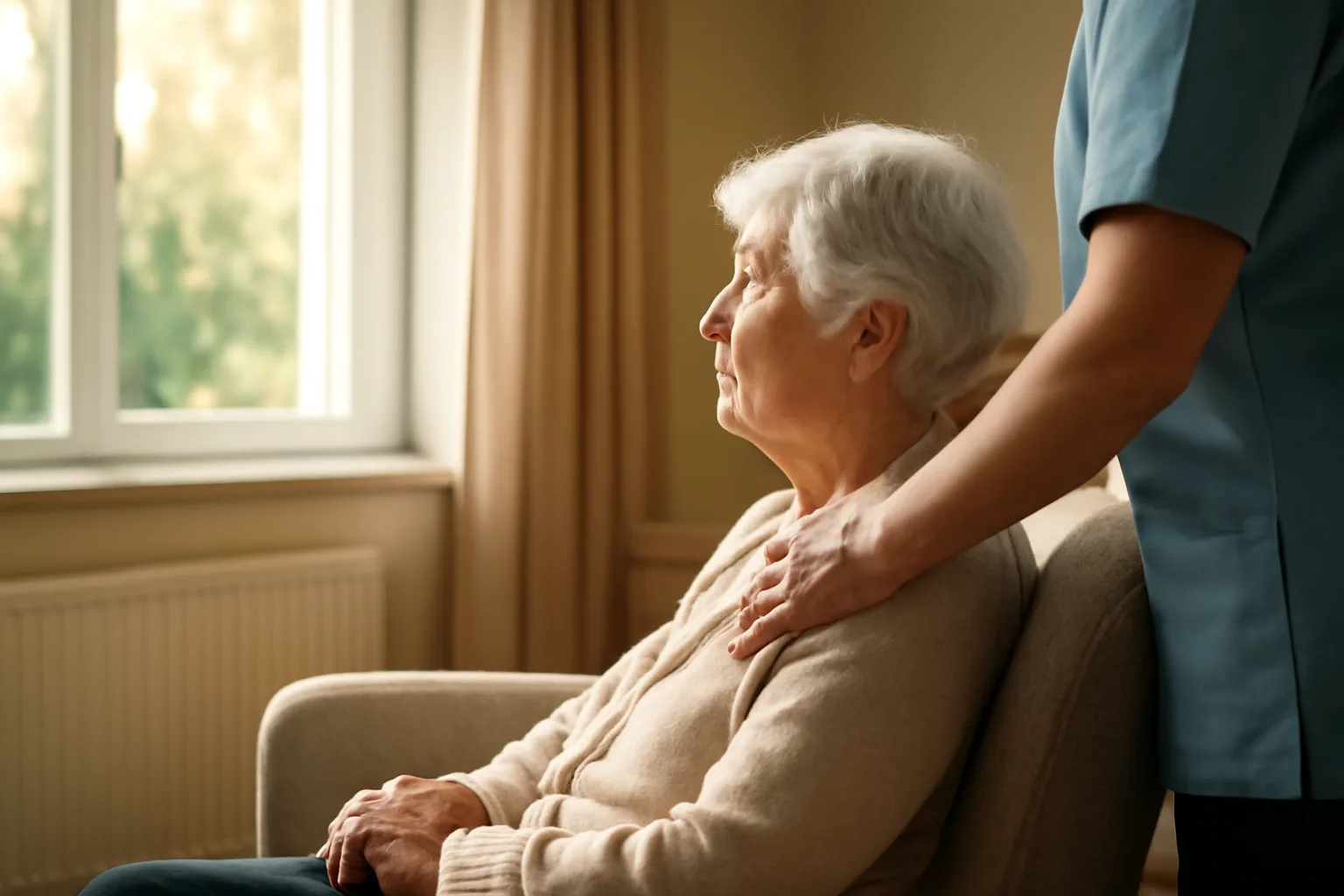 Caregiver and older resident sitting together in a bright assisted living home living room