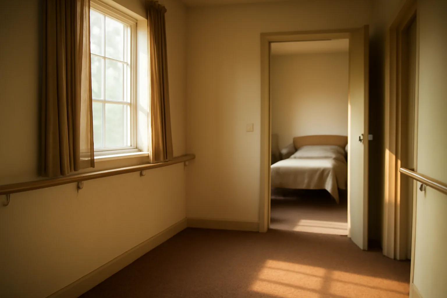 Sunlit hallway with handrails inside a licensed Louisiana group home