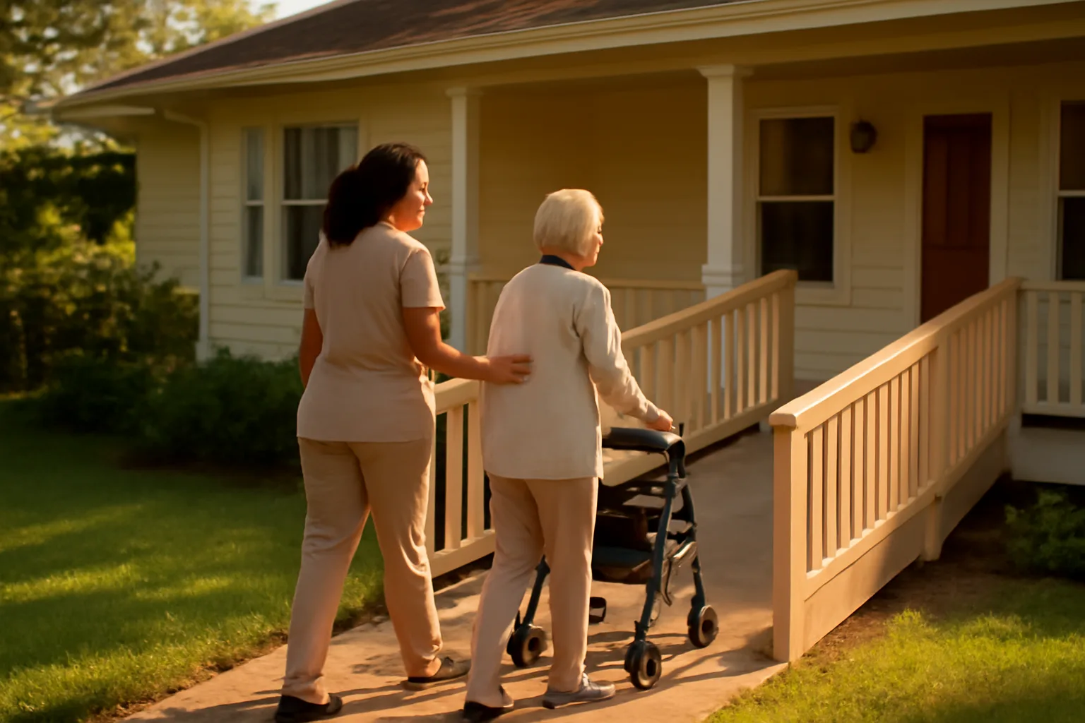 Caregiver and older adult walking toward a Louisiana group home with a wheelchair ramp