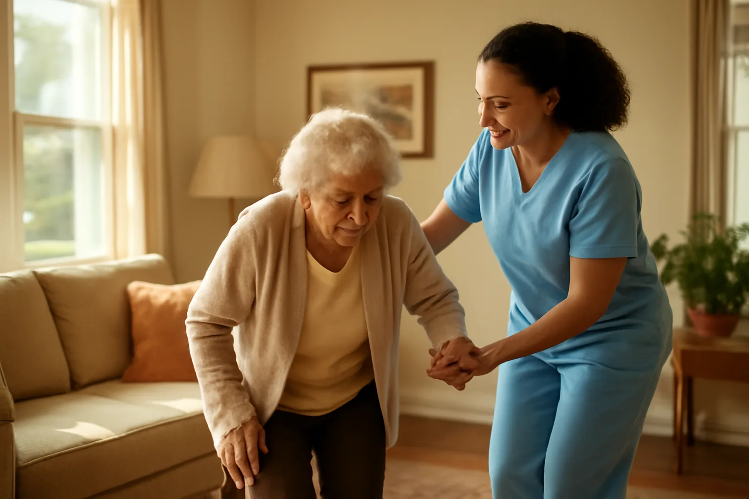 Caregiver assisting an older resident in a licensed Maryland assisted living home living room