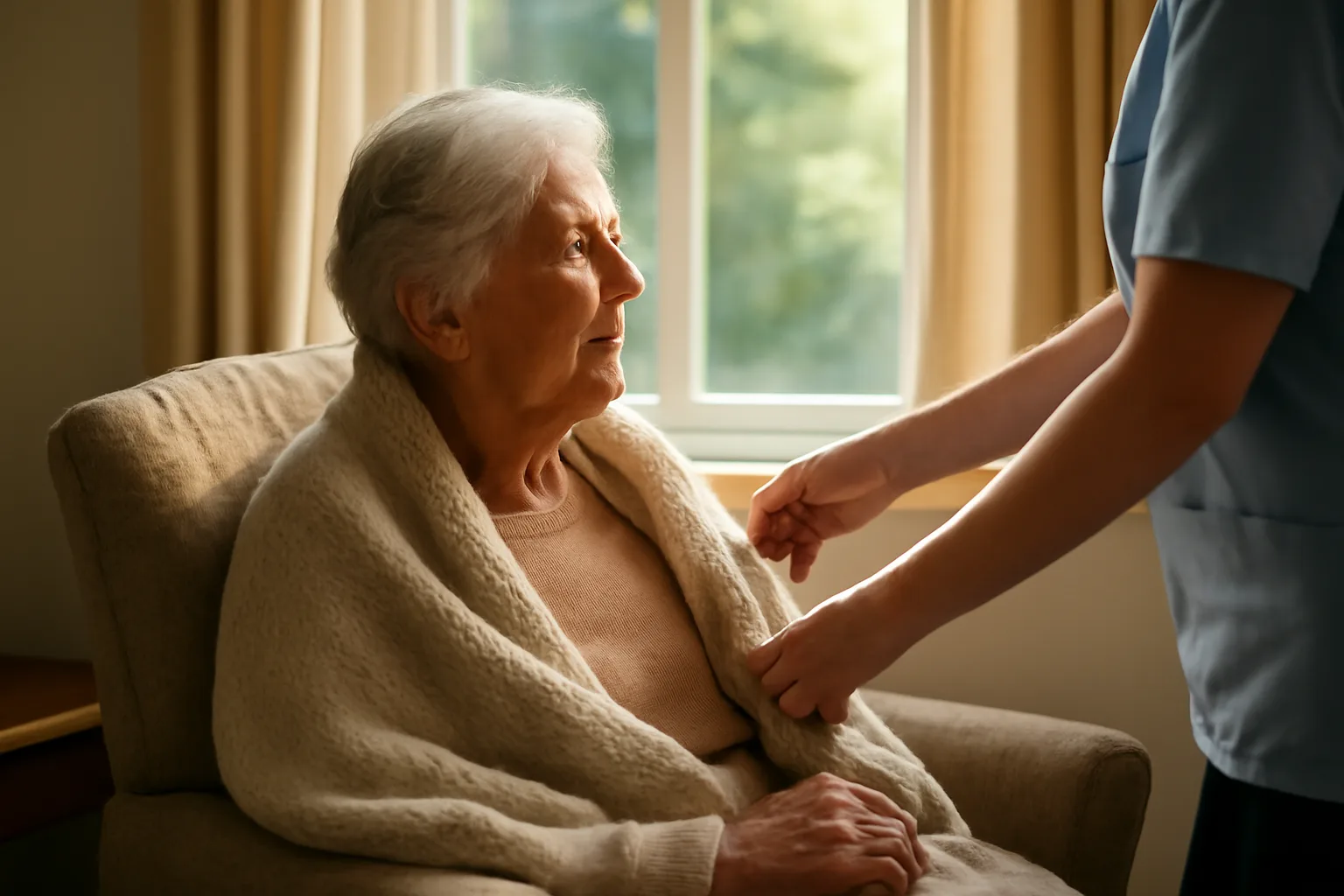Caregiver assisting an older resident in a sunlit assisted living common room