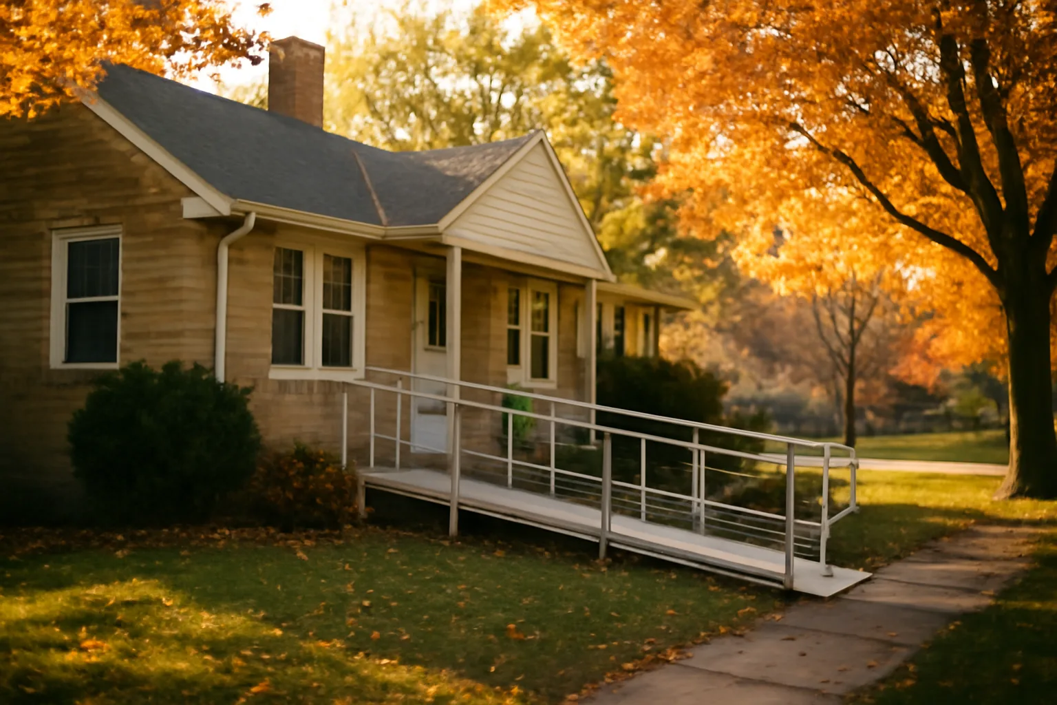 Residential group home exterior with wheelchair ramp, representing Michigan adult foster care licensing