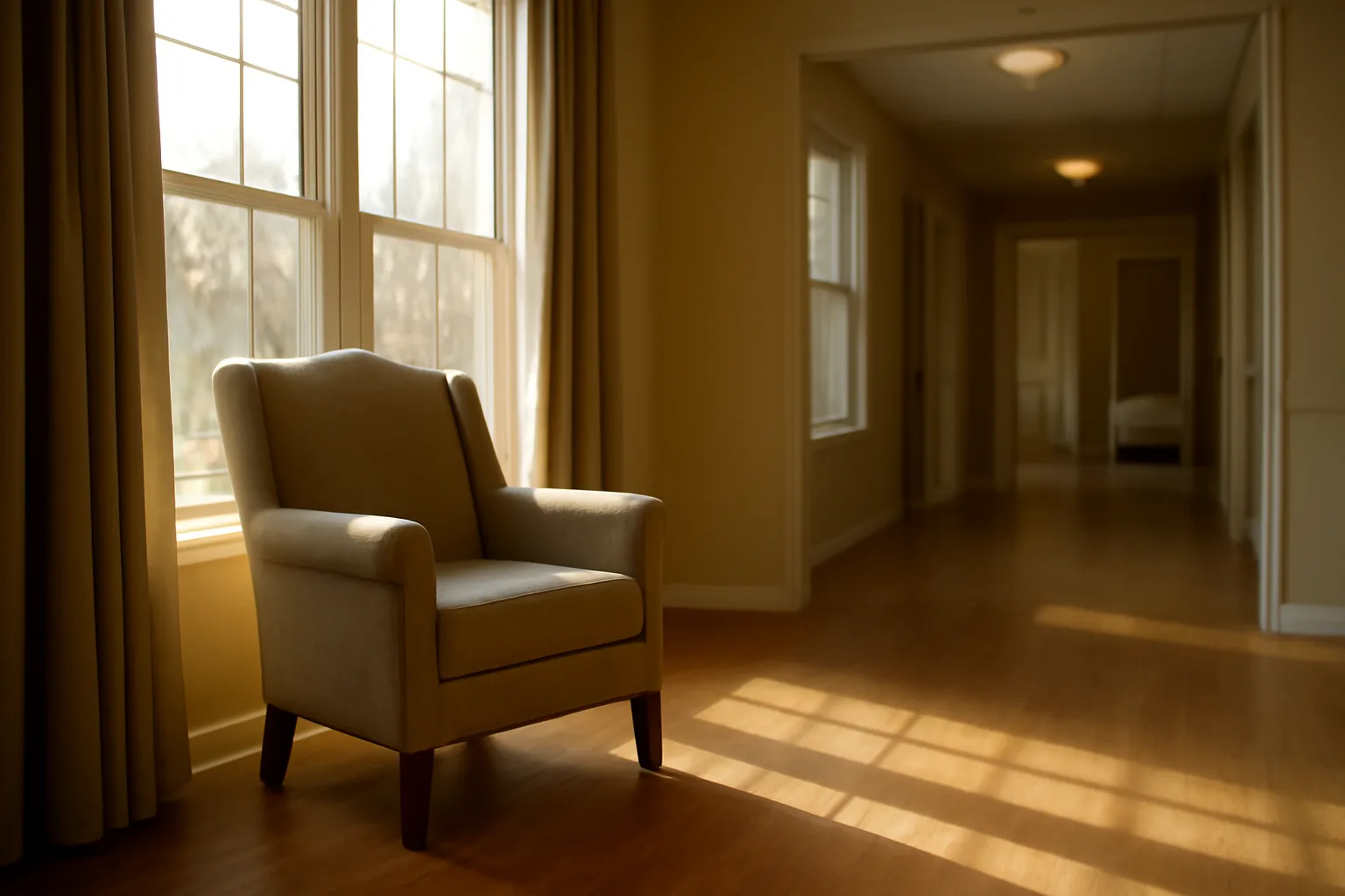 Sunlit living room hallway inside a Minnesota assisted living facility building