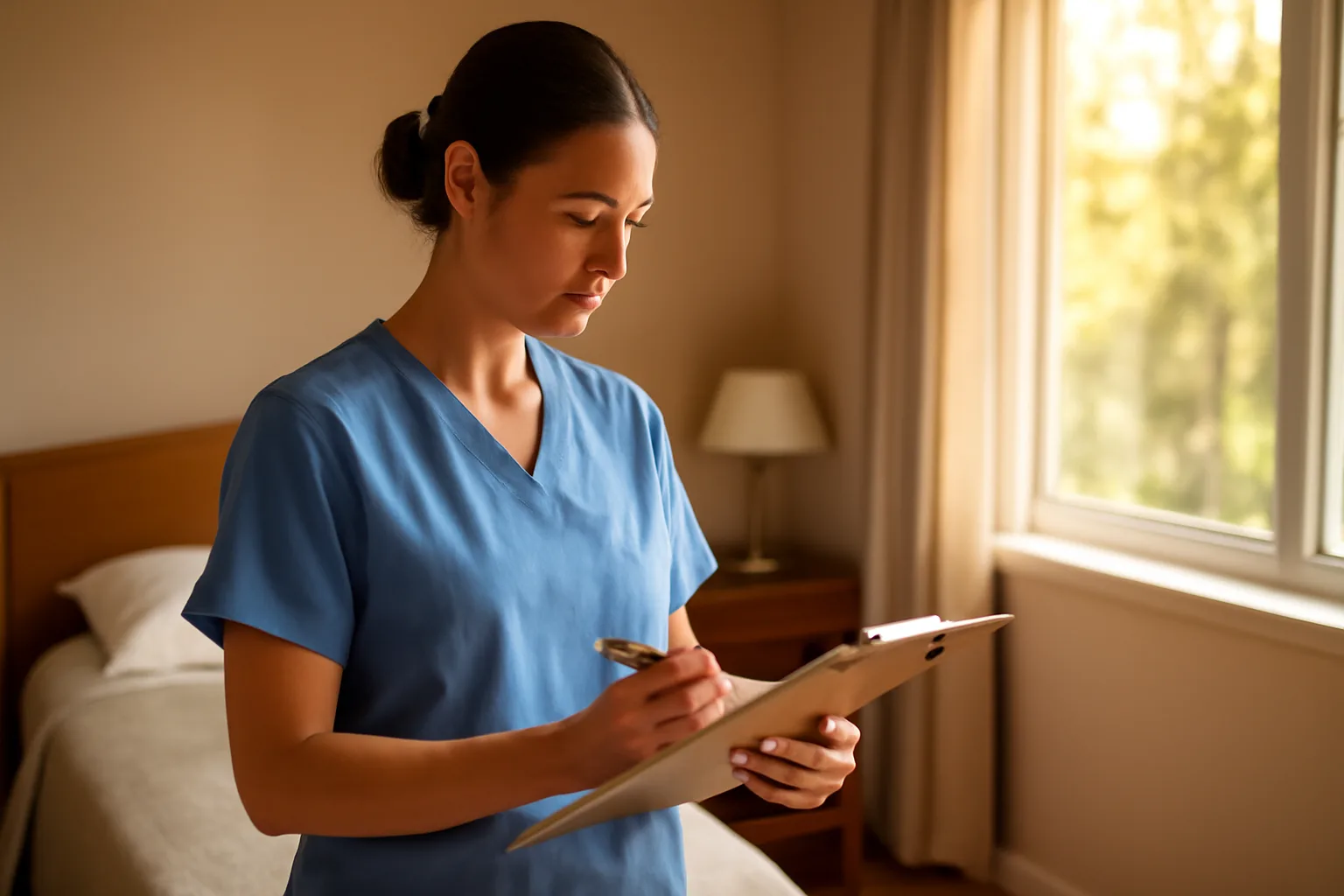 Nurse reviewing care documentation in a Minnesota assisted living resident room