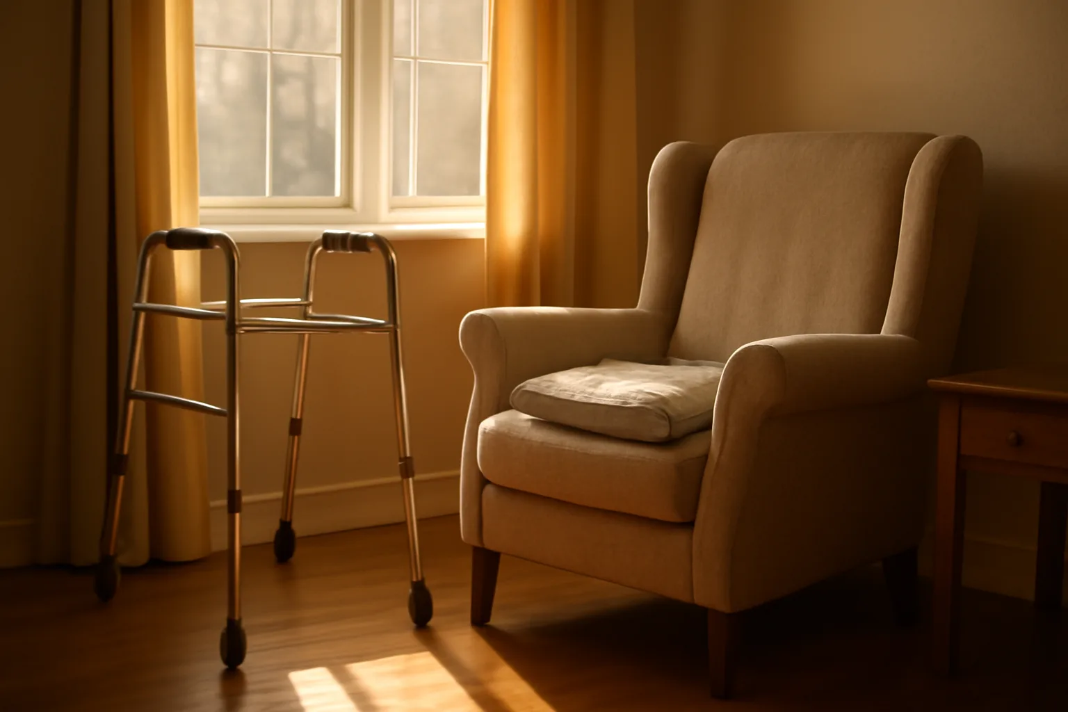 Sunlit living room in a Minnesota assisted living facility with an armchair and walker