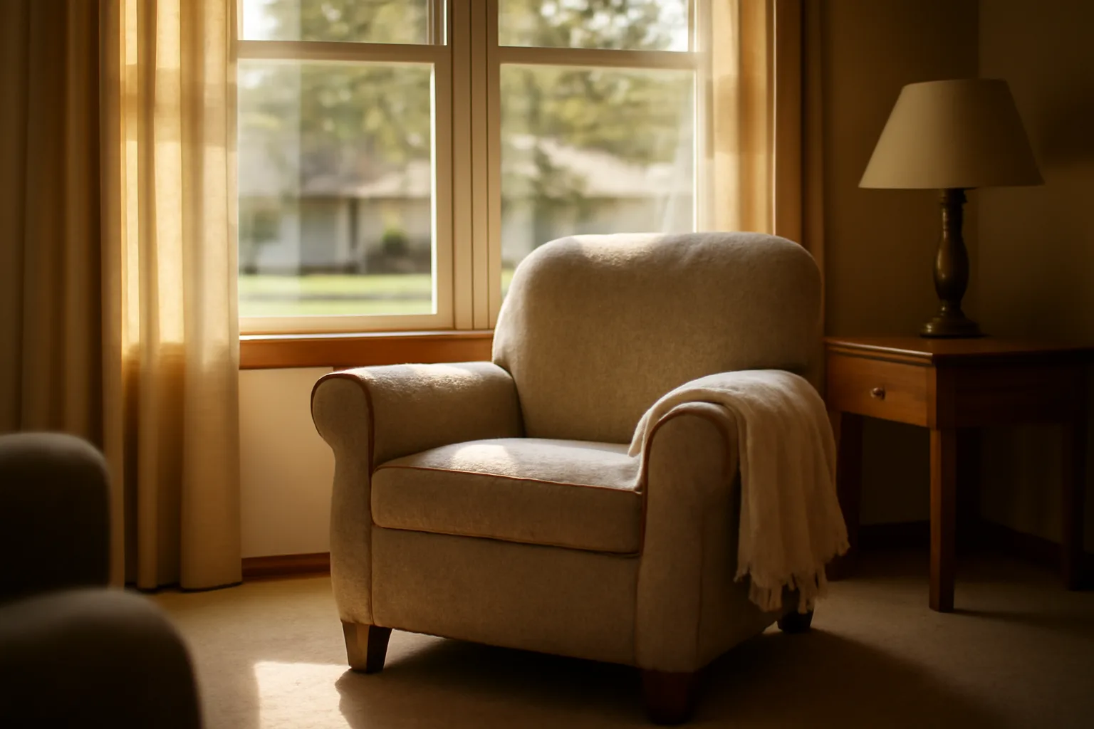 Sunlit living room in a Missouri assisted living facility with empty armchair by window