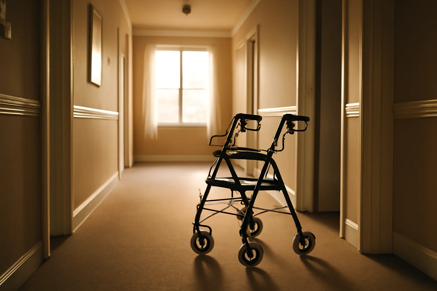Bright hallway inside a Minnesota assisted living facility with a walker by a doorway