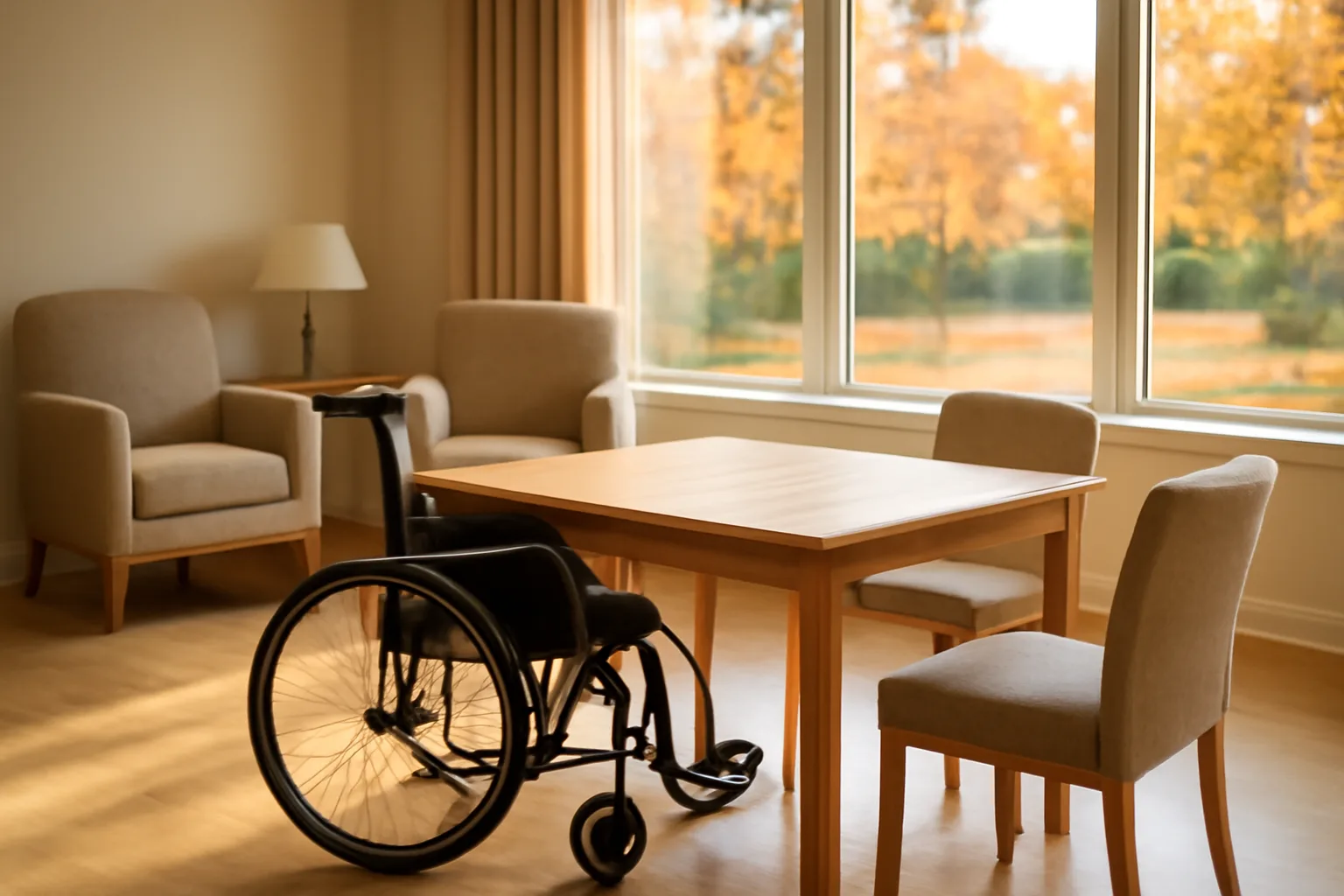Sunlit common room inside a Minnesota assisted living facility with dining table and armchairs