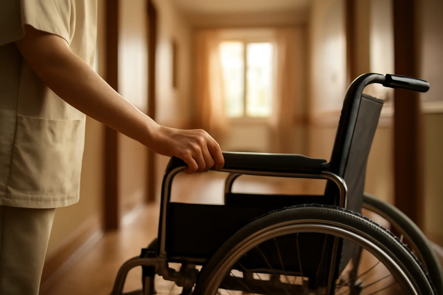 Caregiver assisting a resident in a residential assisted living home hallway