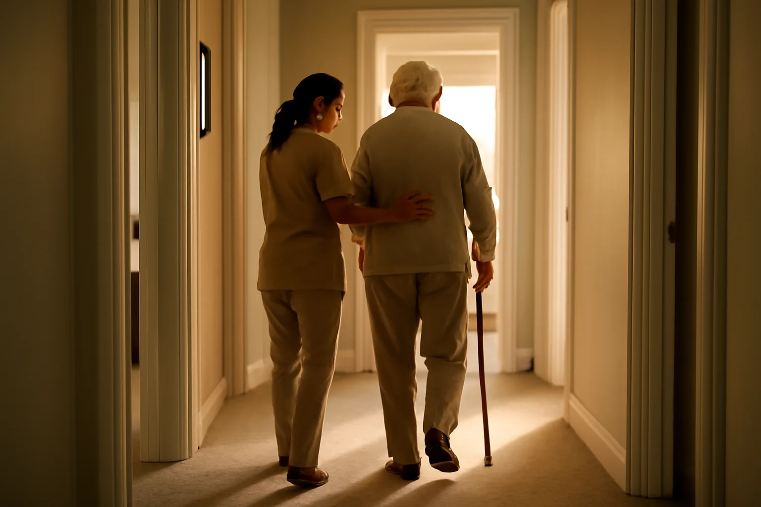 Caregiver assisting an older adult in the hallway of a licensed Minnesota assisted living home