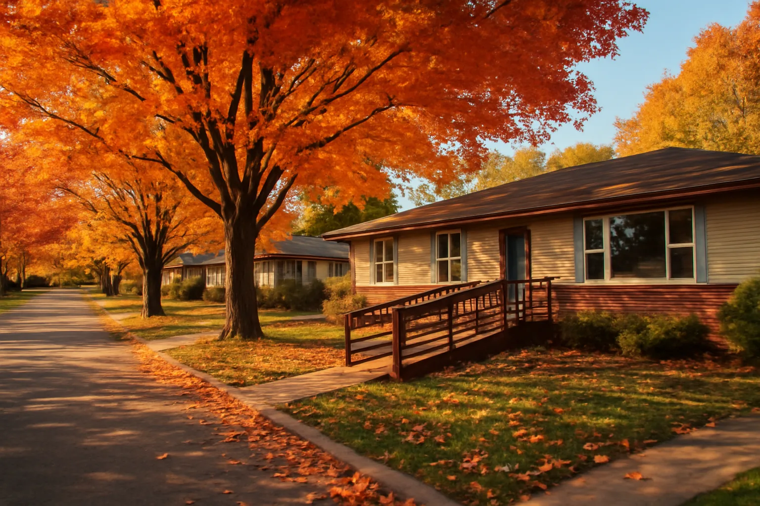 Minnesota residential home with accessible ramp, autumn trees, assisted living setting